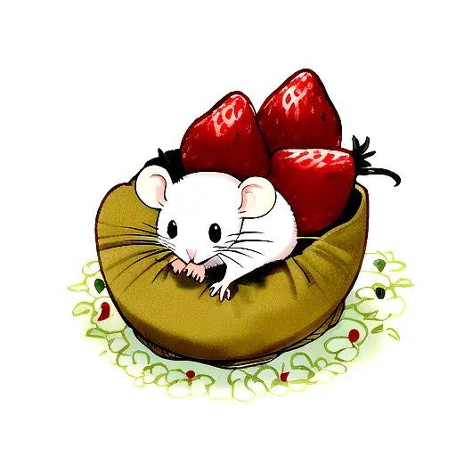 Cute rat holding strawberry and cheese. They have good smell coming from them which mixes into the background tattoo design idea