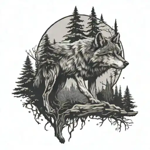 lonely wolf in the forest tattoo design idea