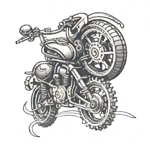 A black-grey tattoo of a sleek motorbike with intricate metal detailing and gears visible tattoo design idea