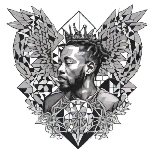A geometric design combining elements of your girlfriend, Kendrick Lamar, and Liverpool FC, in a black-grey style tattoo design idea