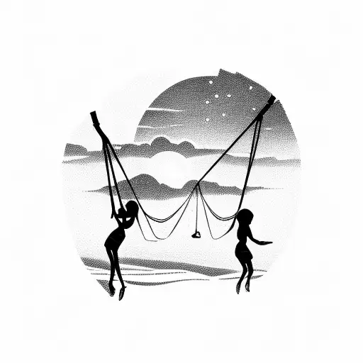 A silhouette of two girlfriends swinging on a beach swingset during a beautiful sunset tattoo design idea