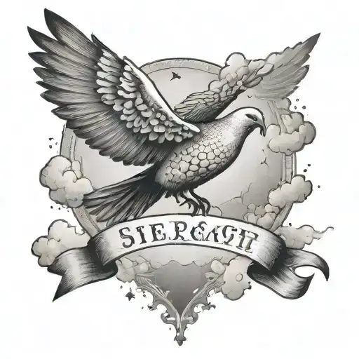 A dotwork tattoo of a dove descending from the clouds, carrying a banner with a Latin prayer for strength and courage tattoo design idea
