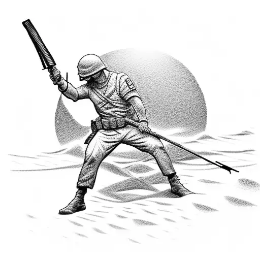 A sun rising over a sandy beach with a silhouette of a Marine Corps soldier holding a shepherd staff tattoo design idea