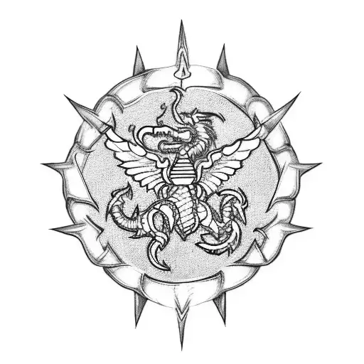 A blackwork tattoo of a marine corps emblem morphing into an alchemical dragon tattoo design idea