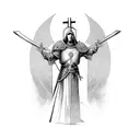 a crusader who is holding big cross in his right hand, in his left hand he has sword tattoo design idea