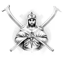 a crusader who is holding big cross in his right hand, in his left hand he has sword tattoo design idea