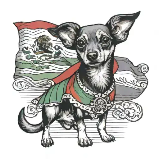 A Chiweenie dog wearing a Mexican flag cape, representing the client's love for Mexico and their pet tattoo design idea