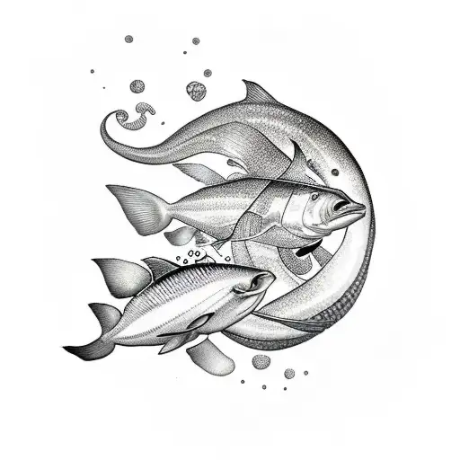 sea creatures swimming on a wave  tattoo design idea