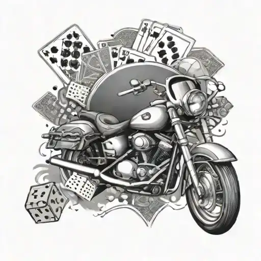 Create a sleeve tattoo featuring a motorcycle racing through a casino, with dice and playing cards scattered in the background tattoo design idea