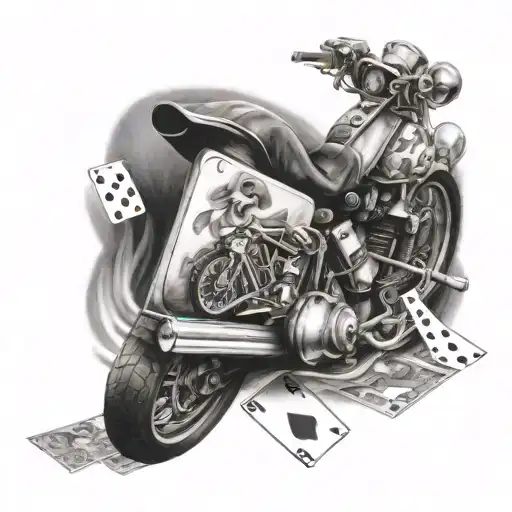 Create a sleeve tattoo featuring a motorcycle racing through a casino, with dice and playing cards scattered in the background tattoo design idea