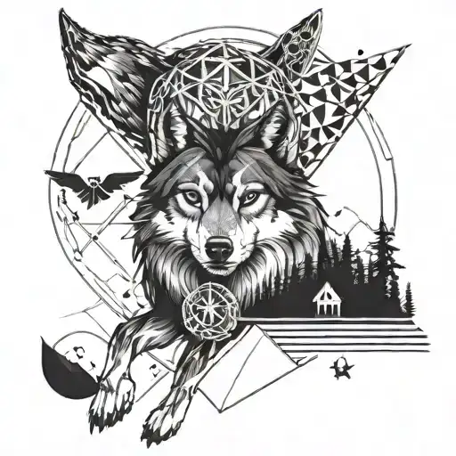 A geometric design incorporating a wolf and an owl in a travel-inspired theme tattoo design idea
