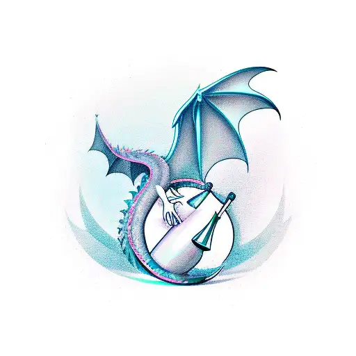 A cocktail server with dragon wings serving martinis in a futuristic city tattoo design idea