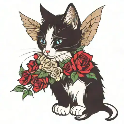 cat playing with flowers, cat with wings and pretty, cat only shows the left profil tattoo design idea