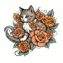 a cat playing with flowers, the tattoo is located under the breast, I want the cat with wings and pretty , the cat  will tattoo design idea