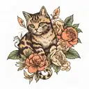 a cat playing with flowers, the tattoo is located under the breast, I want the cat with wings and pretty , the cat  will tattoo design idea
