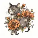 a cat playing with flowers, the tattoo is located under the breast, I want the cat with wings and pretty , the cat  will tattoo design idea