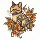 a cat playing with flowers, the tattoo is located under the breast, I want the cat with wings and pretty , the cat  will tattoo design idea
