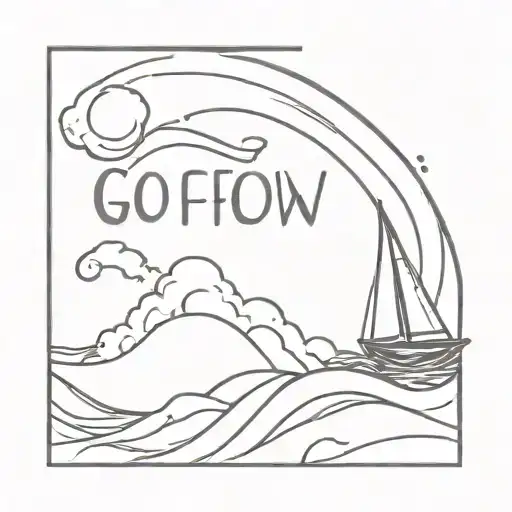 sail boat floating storm waves flowing water. whit the words Go with the flow tattoo design idea
