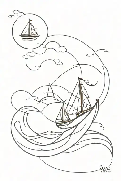 sail boat floating storm waves and quote Go with the flow tattoo design idea