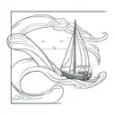 sail boat floating storm waves flowing water. whit the words Go with the flow tattoo design idea
