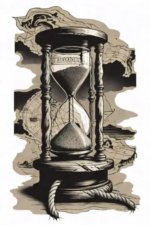 old wooden hour glass with sand and aged map in the background with frayed rope tattoo design idea
