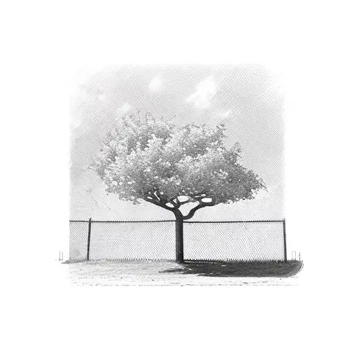 tree in square fence in middle of field  tattoo design idea