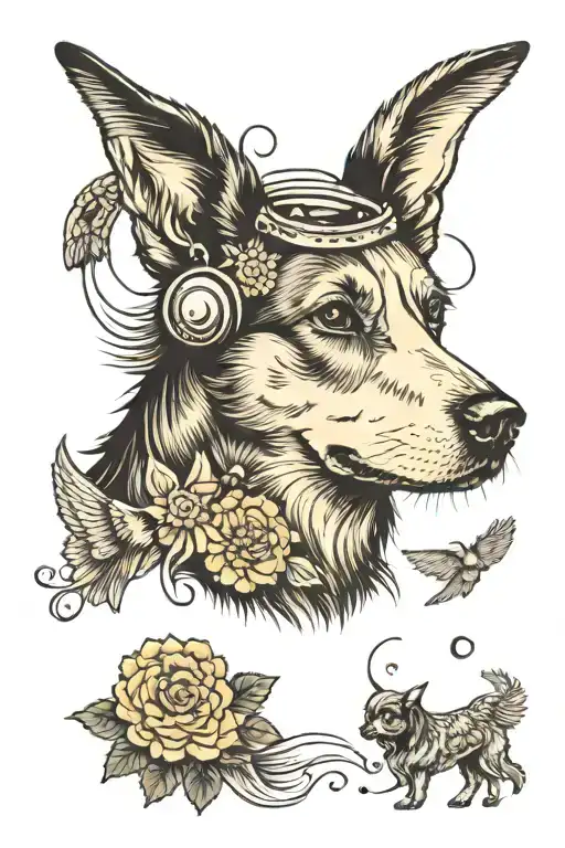 dog with halo and wings spread with bubbles and dandelions  tattoo design idea