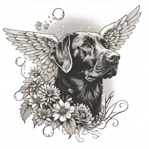 black lab sitting with a halo and angel wings. the background is dandelions and bubbles tattoo design idea