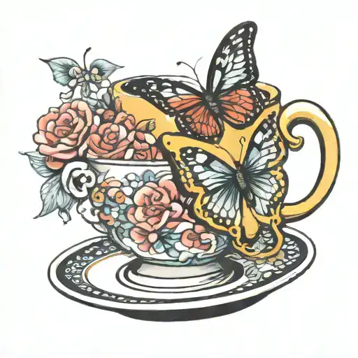 butterfly and mug of tea cup tattoo design idea