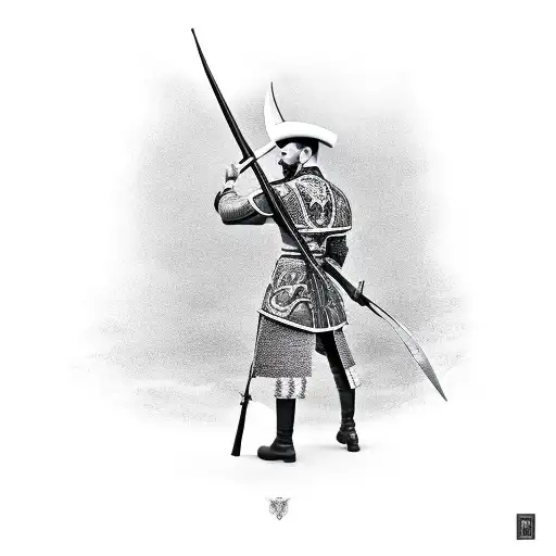 ukrainian cossack holding a trident with one arm tattoo design idea