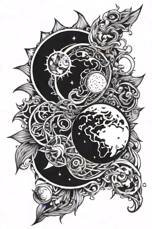 Sun and moon intertwined with the planets Saturn and Venus around the outside of it. tattoo design idea
