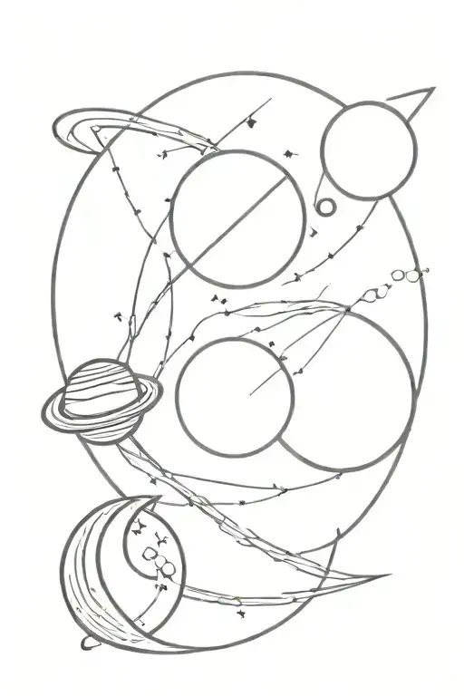 Sun and moon intertwined with planets around the outside of it which include saturn and venus. tattoo design idea