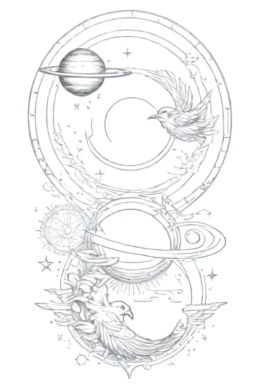 Sun and moon with saturn and a phoenix tattoo design idea