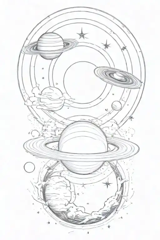 One Saturn and one Venus with a sun and moon that is a narrow design. tattoo design idea