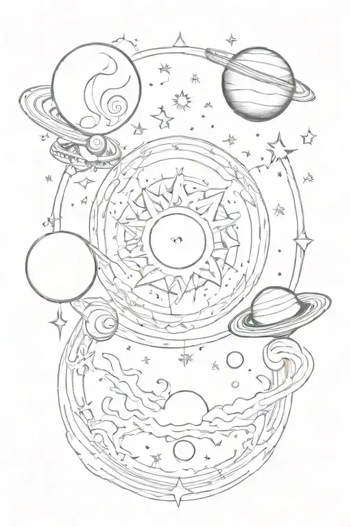 the sun, moon, small stars, and saturn and venus. tattoo design idea
