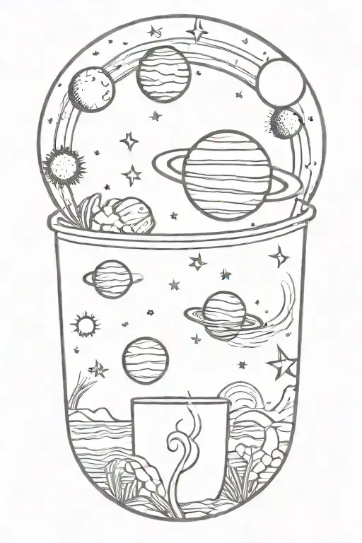 Come up with a tall design that contains a coffee cup, a sun, a moon, the planet Saturn, the planet Venus, and stars. tattoo design idea