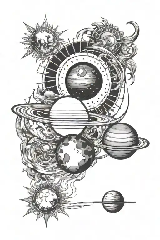 Sun and moon intertwined with the planets Saturn and Venus around the outside of it. tattoo design idea