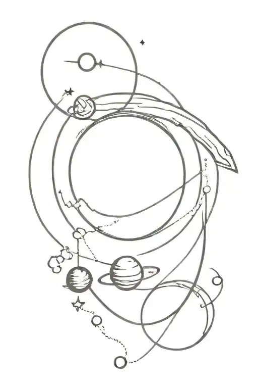 Sun and moon intertwined with the planets Saturn and Venus around the outside of it. tattoo design idea