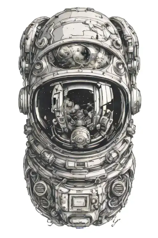 Astronaut helmet with an alien head on the inside. There should be planets in the reflection of the visor. tattoo design idea