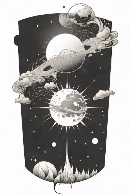 Tall tattoo that is minimal and contains a coffee mug, steam, starts, the sun and moon, and saturn and venus. tattoo design idea