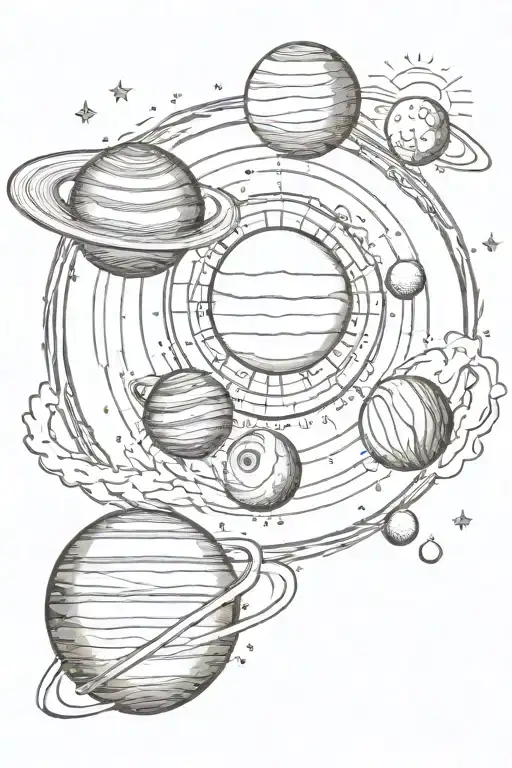 Sun and moon intertwined with the planets Saturn and Venus around the outside of it. tattoo design idea