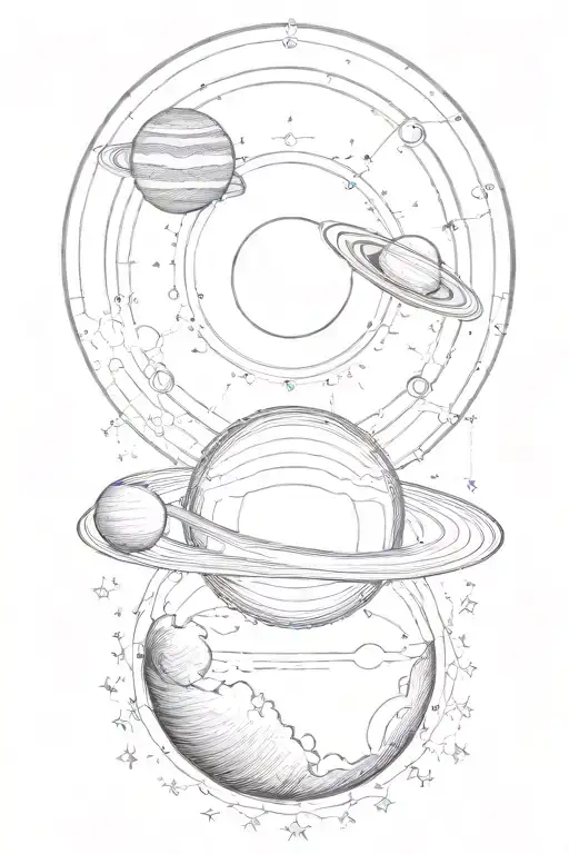 Tall and narrow design that incorporates the solar system planets and also a solar eclipse. tattoo design idea