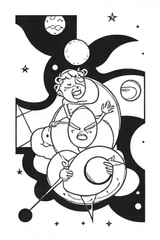 Sun and moon intertwined with the planets Saturn and Venus around the outside of it. tattoo design idea