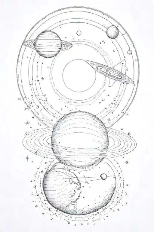 Tall and narrow design that incorporates the solar system planets and also a solar eclipse. tattoo design idea