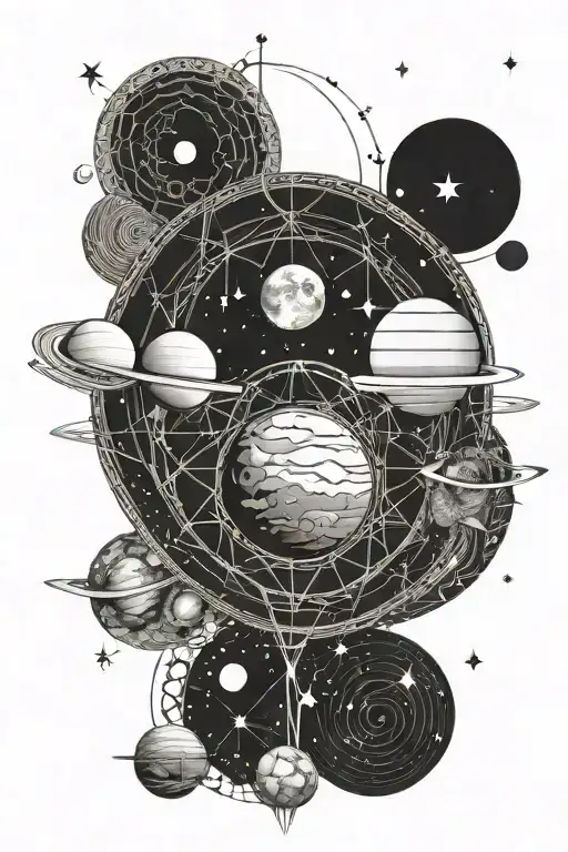 Sun and moon intertwined with the planets Saturn and Venus around the outside of it. tattoo design idea