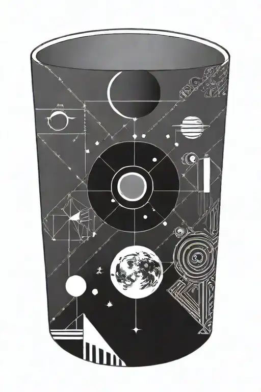 Tall tattoo that is minimal and contains a coffee mug, steam, starts, the sun and moon, and saturn and venus. tattoo design idea