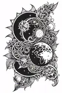 Sun and moon intertwined with the planets Saturn and Venus around the outside of it. tattoo design idea