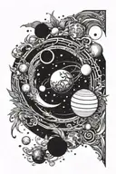 Sun and moon intertwined with the planets Saturn and Venus around the outside of it. tattoo design idea