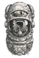 Astronaut helmet with an alien head on the inside. There should be planets in the reflection of the visor. tattoo design idea