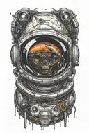 Astronaut helmet with an alien head on the inside. There should be planets in the reflection of the visor. tattoo design idea